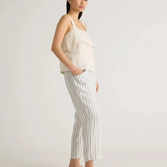 Quince 100% European Linen Tapered Ankle Pants Women’s XL Oatmeal/Black Stripe - Picture 2 of 12